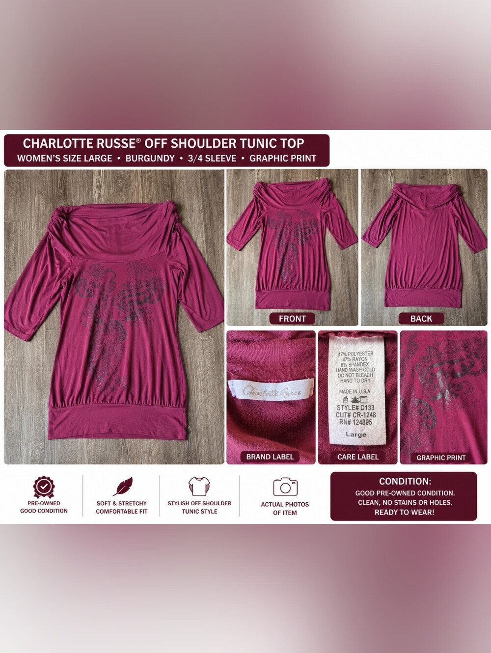Charlotte Russe Plum Off-Shoulder Tunic with Graphic Print